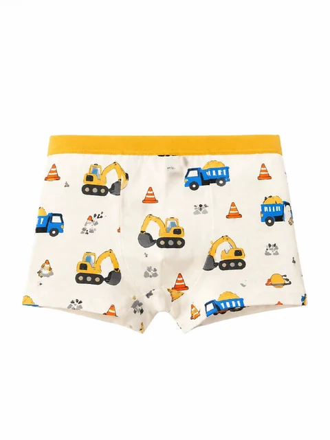 Cremefarbene Boxershorts mit Baggern, Lastwagen und Verkehrskegeln sowie gelbem Bund — ein Teil desselben vierteiligen Sets