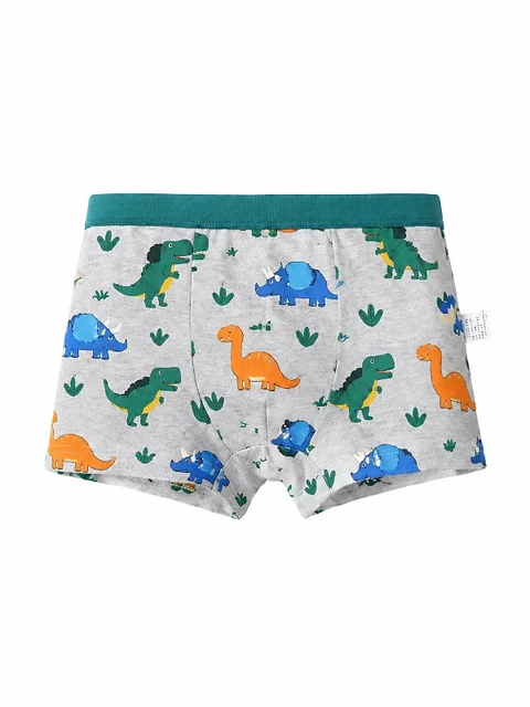 Graue Boxershorts mit bunten Dinosauriern und grünem Bund — ein Teil desselben vierteiligen Sets