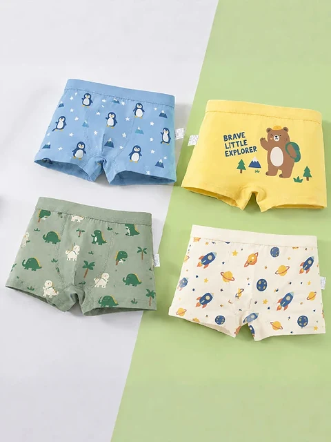 Vollständiges vierteiliges Jungen-Boxershorts-Set mit Pinguin-, Bären-, Dinosaurier- und Raketenmotiven