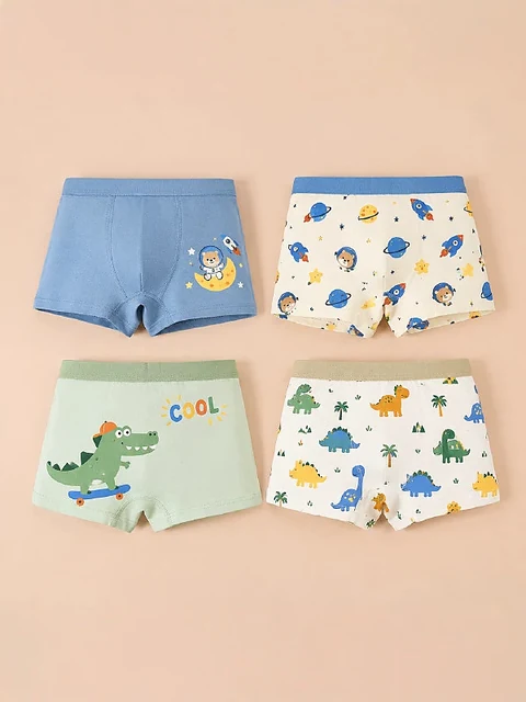 Vollständiges vierteiliges Jungen-Boxershorts-Set mit Astronauten-, Raketen- und Dinosauriermotiven