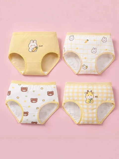 Vollständiges vierteiliges Mädchen-Slip-Set in Gelb und Weiß mit Hasen- und Bärenmotiven