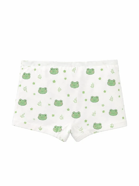 Cremefarbene Boxershorts mit grünen Fröschen, Sternen und Blättern — ein Teil desselben vierteiligen Sets